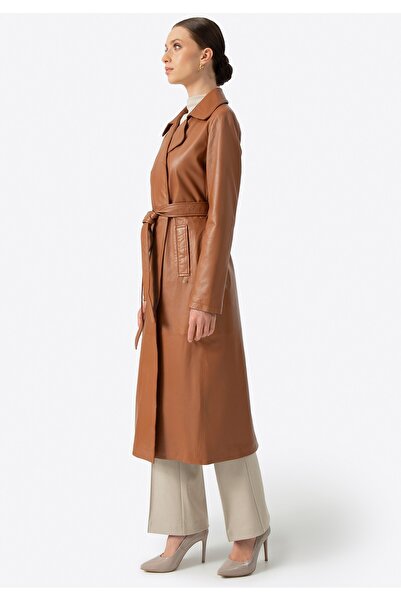 Wittchen Palton din piele pentru femei cu curea, maro deschis, piele