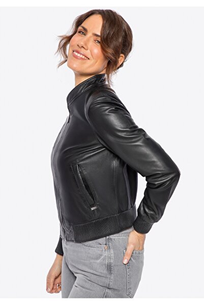 Wittchen Jachetă din piele de oaie pentru femei cu talie elastică, neagră, piele