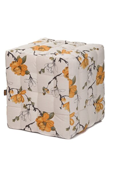 QMOBILI BUMP Ottoman - Cream Floral / Orange, Plush Fabric, Cube