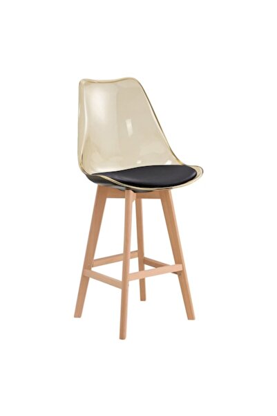 QMOBILI Scaun de bar Tori Bar TRS - Carcasă PP aurie, Șezut din piele ecologică neagră, Picioare din fag