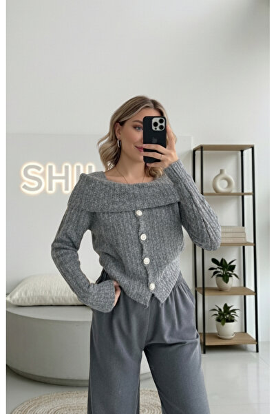 SHILSEE BEUTİQUE Women's Open Shoulder Buttoned Knitwear Sweater Gray