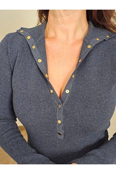 Felix Butik FELİX14070 Dik Yaka Çıtçıt Detaylı İndigo Mavi Triko Bluz