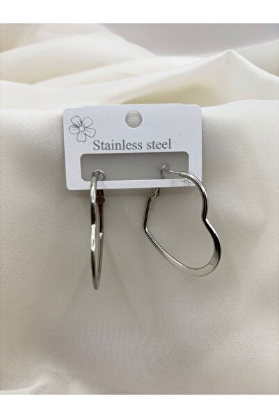 aurora dükkan أقراط دائرية على شكل قلب من الفولاذ الفضي مقاس 4 سم