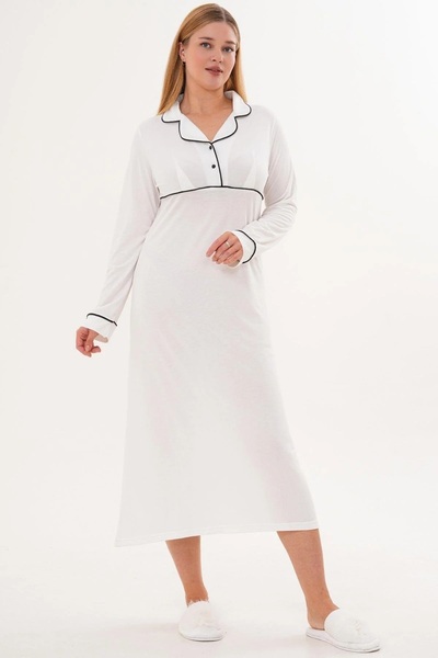 By Mecit Pijama Women's Shirt Collar Long Sleeve Dressing Gown Nightgown 2-Piece Set 65% Cotton 35% Viscose