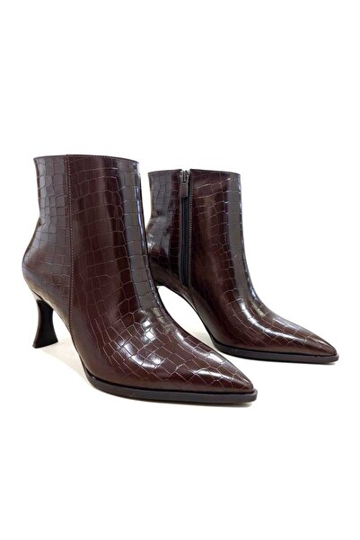v.s.h velvet Kadın Klasik Rugan Kroko Sivri Burun ince Topuklu Yandan Fermuarlı Kadın Bot