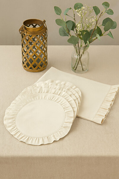 Misue Handmade Ruffled American Tablecloth Set, 5 Piece Tableware Presentation, 4Placemats+1 Runner, Ruffled Presentation Set, 100%Cotton