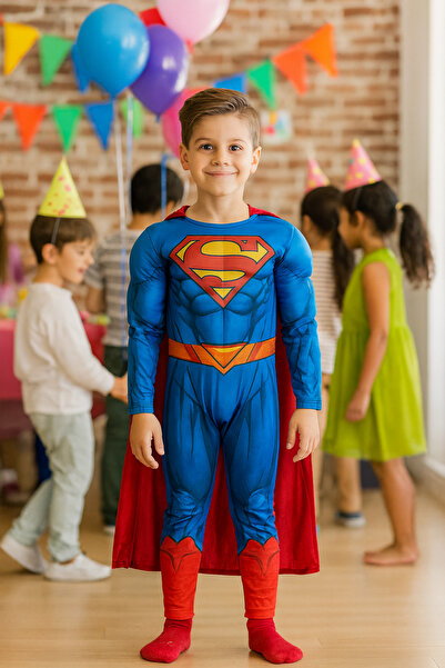 Sever Süpermen Kaslı Kostüm 7-8 Yaş – Gücünü Göster, Kahraman Ol!