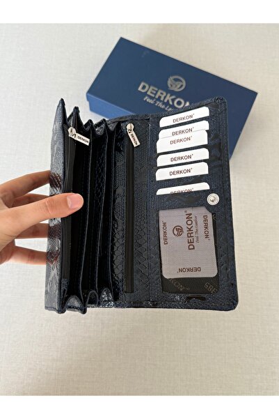 DERKON Crocodile Patterned Genuine Leather Women's Wallet with Plenty of Eyelets, Navy Blue