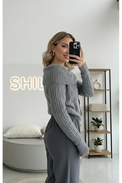 SHILSEE BEUTİQUE Women's Open Shoulder Buttoned Knitwear Sweater Gray