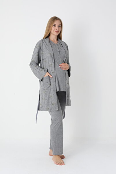 Lohussa Women's Smoked Patterned Shawl Collar Special Design Winter Long Sleeve Maternity Pajama Set