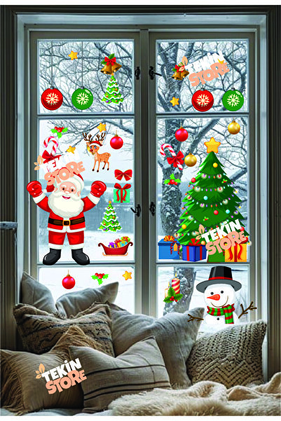 Tekin Store مجموعة ملصقات زينة زجاجية لرأس السنة الجديدة - ملصقات بأشكال سانت...