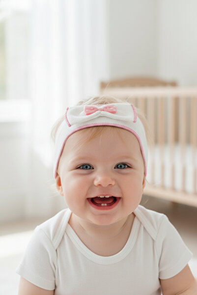 Salvia Dione Adjustable Baby Girl Headband - 100% Cotton, Velcro, White and Pink Bandana with Polka Dot Ribbon