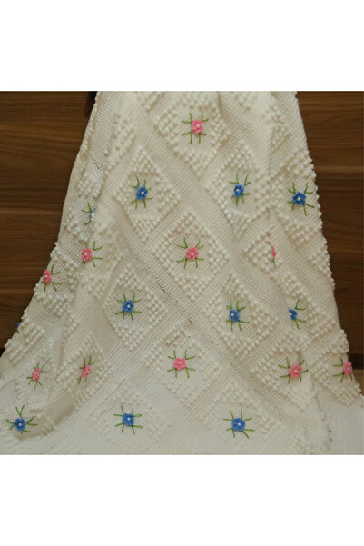 Aykır ı Bebe Pembe-Mavi Çiçek Desenli Tunus İşi El Örgüsü Bebek Battaniyesi