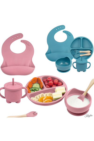 kaylia Set Hranire Bebelusi Din Silicon - Farfurie+Bol, Tacamuri, Cana, Baveta, Albastru