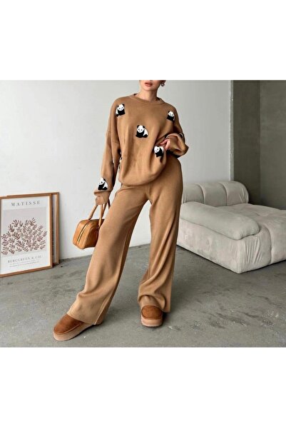 hiraz fashion Women's Camel-Colored Panda-Patterned Knitwear Two-Piece Set