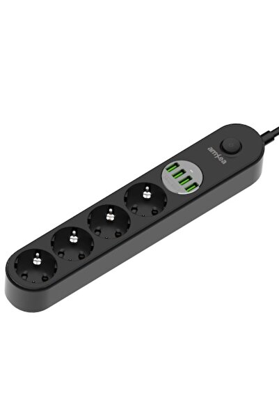 amXea Prelungitor SR-440L-B - Negru, 4 prize, 4x USB 5V/3.4A, 2m, 2500W