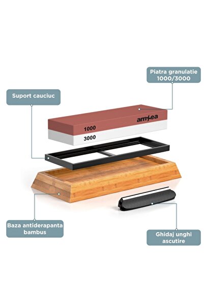 amXea Knife Sharpening Stone 1000/3000 – 2 grits, black rubber holder, non-slip bamboo base & angl