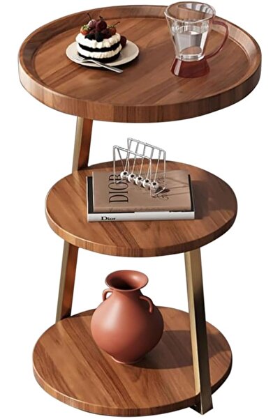 Twinkle Mart 3-Tier Walnut Round Side Table (Metal Frame, Engineered Wood)
