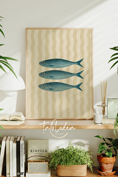tablodea Minimalist Mavi Balık Desenli Çerçeveli Poster Tablo Deniz Ürünleri ...