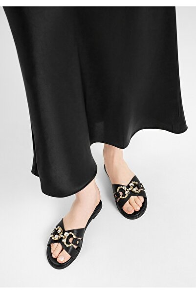 Wittchen Șlapi de damă din piele ecologică cu cataramă decorativă, negri