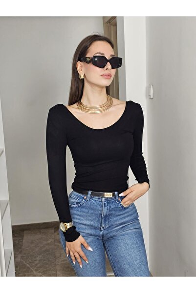 Felix Butik FELİX14081 Ön Arka U Yaka Siyah Body Bluz