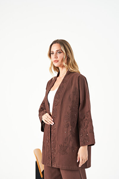 MİA NOURA Women's Oversize Kimono with Embroidered Sleeves and Front