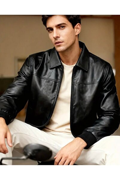 BASEL.CO Basic Slim Fit Polo Collar Leather Jacket