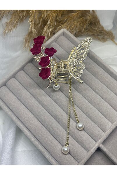 Kaan Accessoire Agrafă de păr de lux cu lanț de perle cu detaliu strălucitor de fluture și trandafir