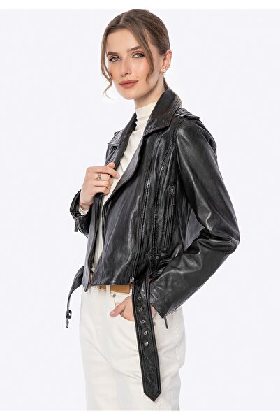 Wittchen Geacă de motociclist din piele pentru femei, neagră, din piele
