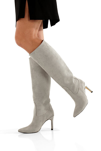 PAYZİN '' Gökşen'' Stone Suede Pointed Toe 9 cm Thin Heel Pull-On Boots New Season