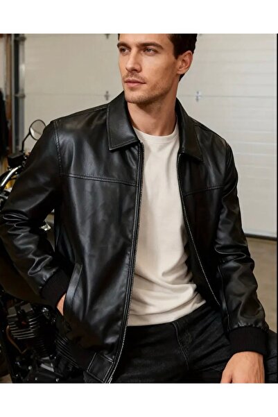 gentofSKY Slim Fit Ribbed Polo Collar Leather Jacket - Old Money Style