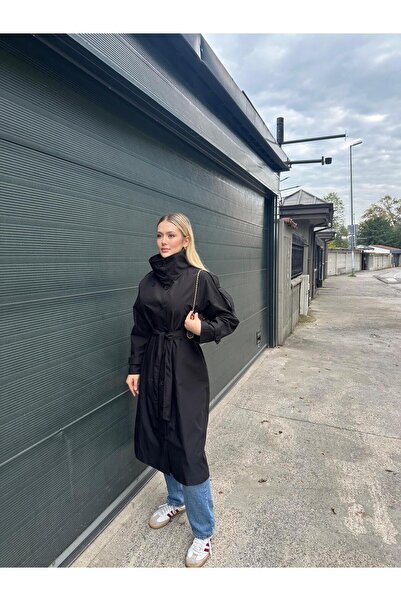 asyadabutik Kadın Dik Yaka Kuşaklı Astarlı Uzun Trençkot