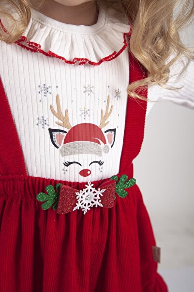 Melekpare Girl's Long Sleeve Snow-Themed Winter Red Christmas New Year Concept Salopet Dress with Buckle Gift