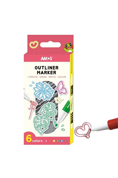 Amos Set 6 markere contur, pe bază de alcool, vârf rotund, centru argintiu cu...