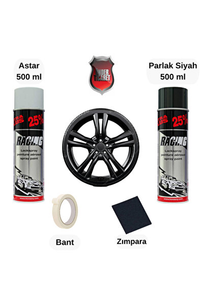 Racıng Jant Boyası / Boyama Seti Astar + Parlak Siyah 500 ml Sprey Boya