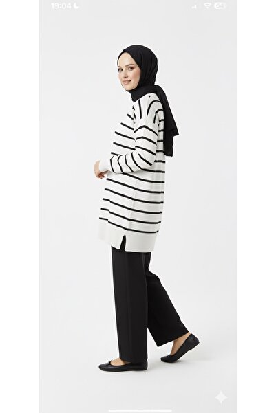 Minharir Tesettür Çizgili Triko Tunik – Kadın Oversize Uzun Rahat Kalıp