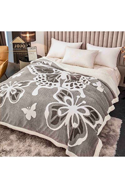 JOJO HOME Αφράτη κουβέρτα Cocolino με γούνα, τρισδιάστατη εκτύπωση πεταλούδας, 200x230cm, Γκρι