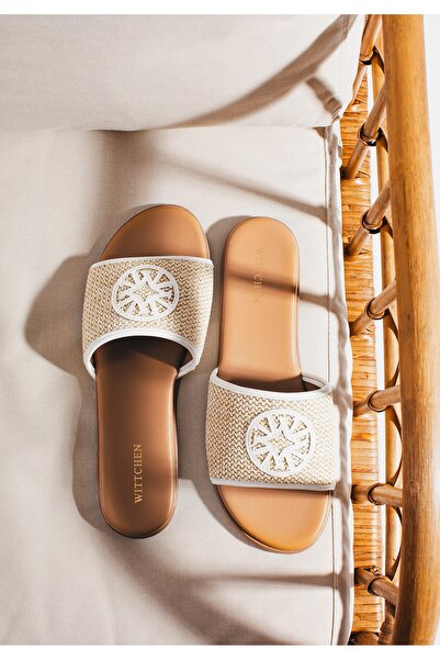 Wittchen Women's flip-flops made of woven -leather, beige and white, beige an...