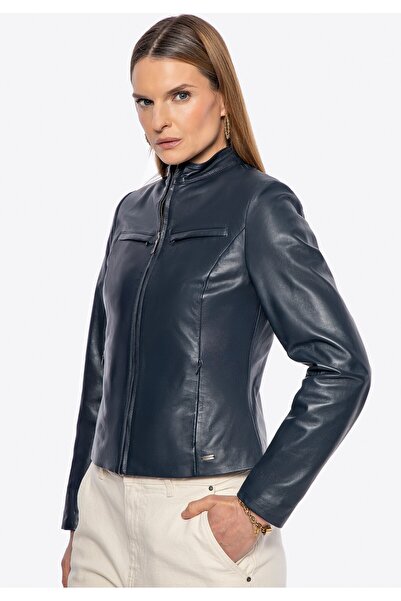 Wittchen Geacă de piele pentru femei cu buzunare multiple, piele bleumarin