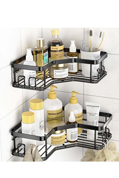 COOYA Corner Shower Shelf with Adhesive, Stainless Steel Shower Storage Shower Shelf with 8 Hooks for Indo