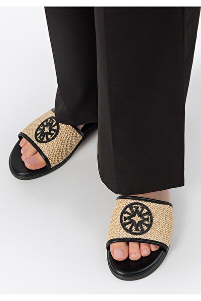 Wittchen Șlapi de damă din piele țesută, bej și negru, poliuretan bej și negru