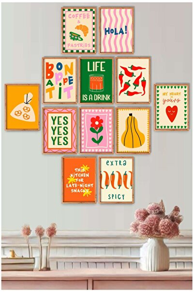 UNT Set de pictură murală pentru bucătărie și cafenea, cu scris retro colorat, 12 piese – imprimare UV pe MDF 15x20 cm