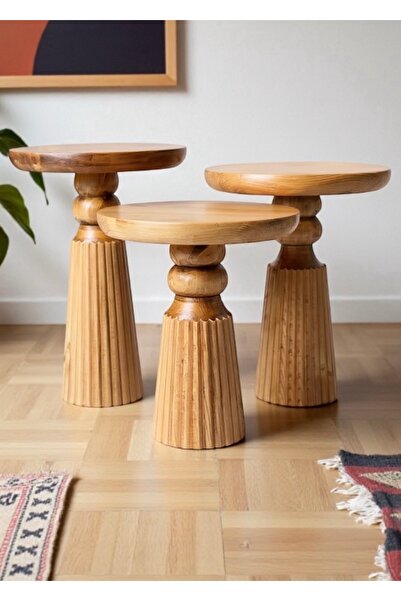 ASELYA HOME Doğal Ahşap 3’lü Set Meşe Renk Mantar Yan Sehpa Modern Fiskos Zig...