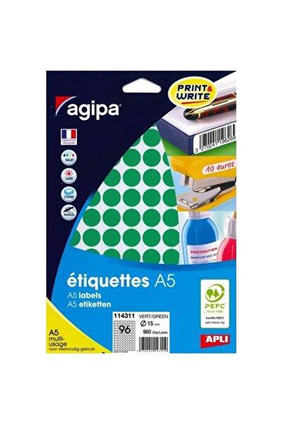 AGIPA etichete adezive 114311, 96/A5, 15mm, permanente, rotunde, verzi, 10 co...