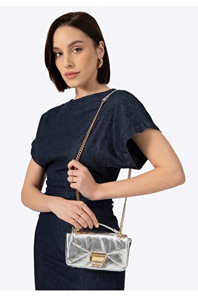 Wittchen Geantă mini crossbody pentru femei, din piele, argintie strălucitoare