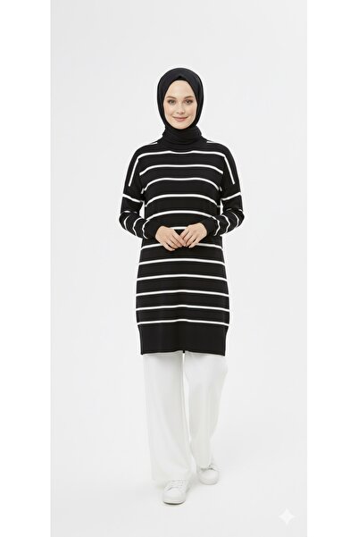 Minharir Πλεκτό ριγέ τουνίκ με χιτζάμπ – Γυναικείο, μεγάλο μέγεθος, μακρύ, άν...