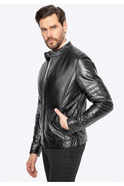 Wittchen Men's Black Leather Biker Jacket with Stitching