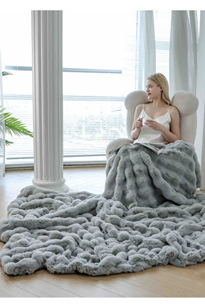 JOJO HOME Κουβέρτα Cocolino εξαιρετικά αφράτη, από γούνα κουνελιού, με φερμουάρ, 200x230cm, ανοιχτό γκρι
