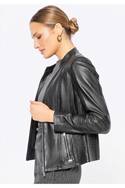 Wittchen Jachetă de damă din piele de oaie cu cusături, neagră, piele