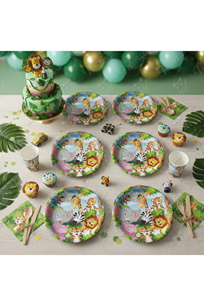 VELONZAL Safari Sevimli Hayvanlar Temalı Tabak-Doğum Günü-Kutlama-Parti Konsept Karton Tabak-8 Adet